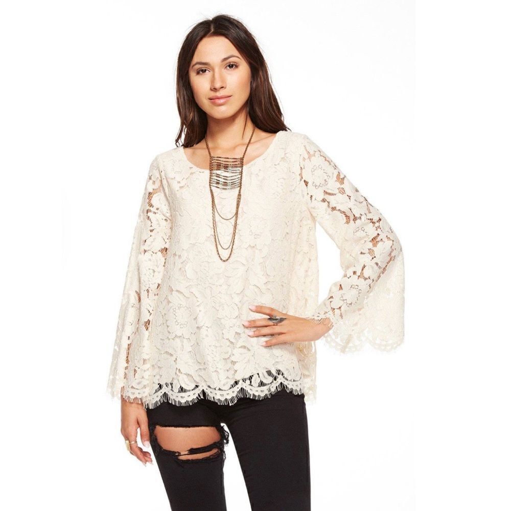 Chaser Vintage Metallic Lace Bell Sleeve Open Back Top